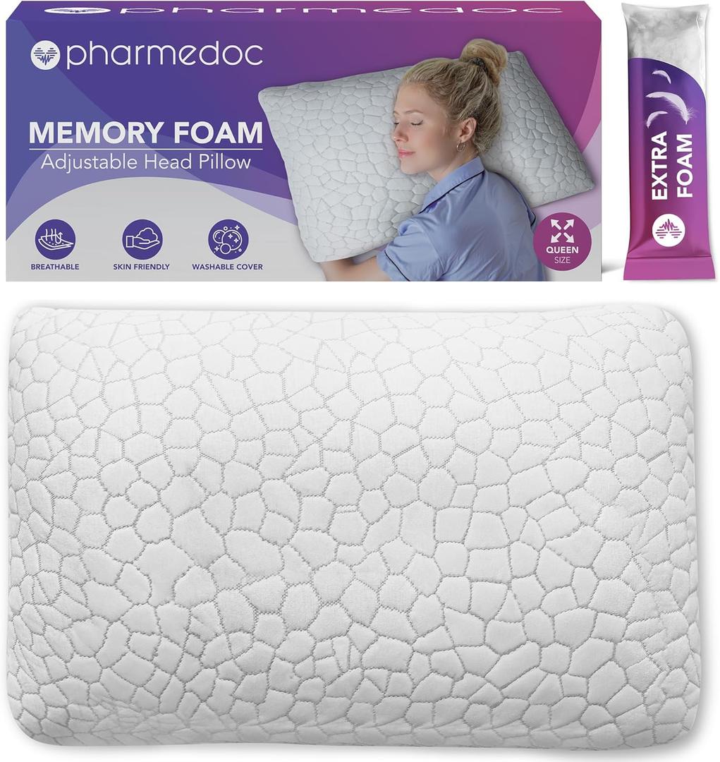 Pharmedoc Adjustable Shredded Memory Foam Bed Pillow - Perfect for Side Sleeper - Rectangular - Neck Support for Pain Relief - Queen Size - Extra Filling Pack