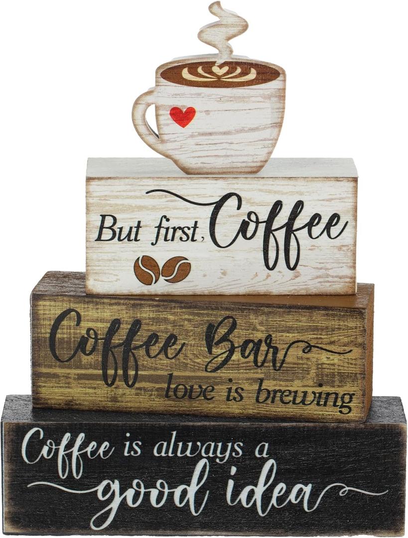 Moucuny 4 Pcs Wooden Coffee Bar Tabletop Decor Coffee Tiered Tray Decor Rustic Wood Bar Sign Gift Farmhouse Table Centerpiece Farmhouse Decorations for Home Kitchen