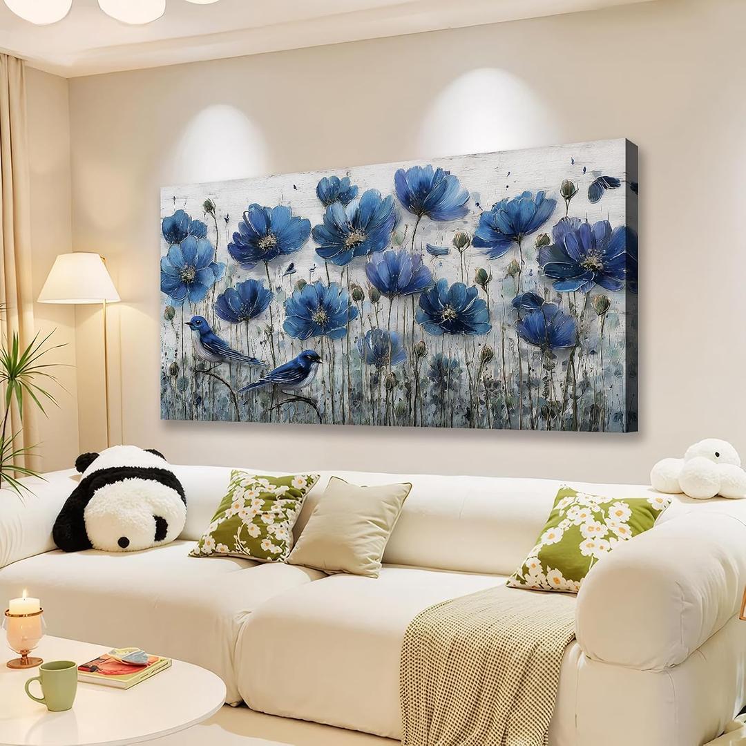 The Mode Art Gallery Nature Wall Art Blue Birds among the flowers Framed Artwork Prints Paintings for Bedroom Office Kitchen 24x48