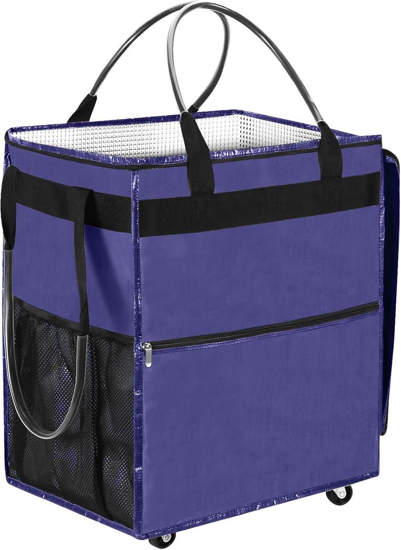 Reusable Grocery Bag on 5 Wheels - 84L Foldable Rolling Tote Bag Shopping Cart with Handles, Carries Up to 90 LBS, Navy Blue