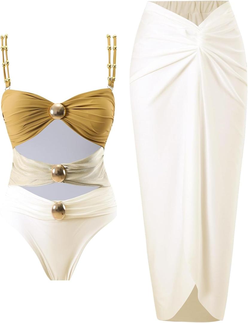 Women's One Piece Swimsuit with Cover up Set Beach Wrap Skirt Retro Bikini Set Two Piece Bathing Suit with Cover up (Large, Coffeebeige)