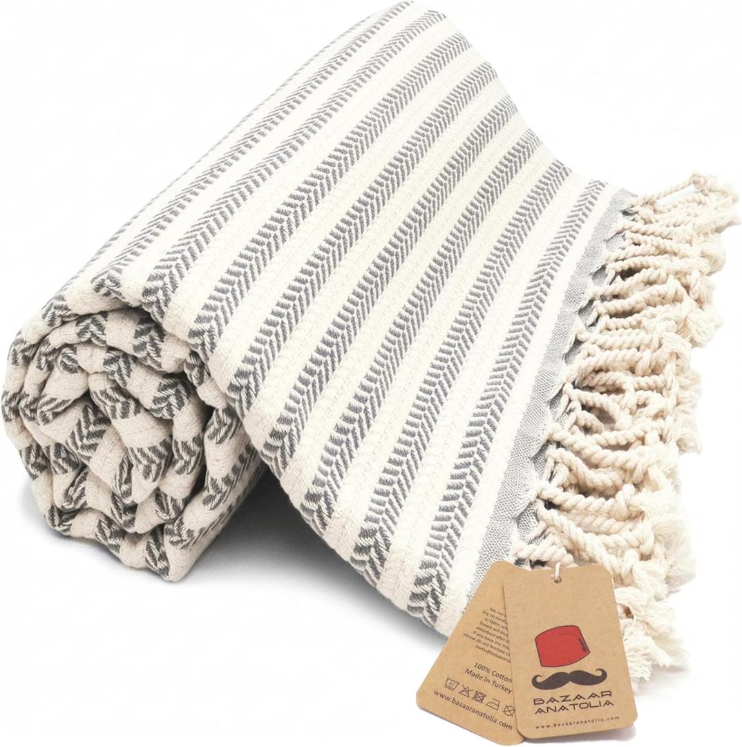 Bazaar Anatolia Turkish Beach Towel 100% Cotton, Quick Dry, Sand Free Large Towel for Bathroom and Camping Oversized 71x39 Inches Arpa Grey