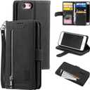 UEEBAI Wallet Case for iPhone 6 Plus iPhone 6S Plus, Retro 9 Card Slots Zipper Pocket Handbag Case PU Leather Magnetic Closure Kickstand with Wrist Strap TPU Flip Case - Black