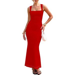 BORIFLORS Women's Ruched Bodycon Maxi Dress Mesh Sleeveless Square Neck Formal Beach Wedding Guest Cocktail Long Dresses (Red, L)