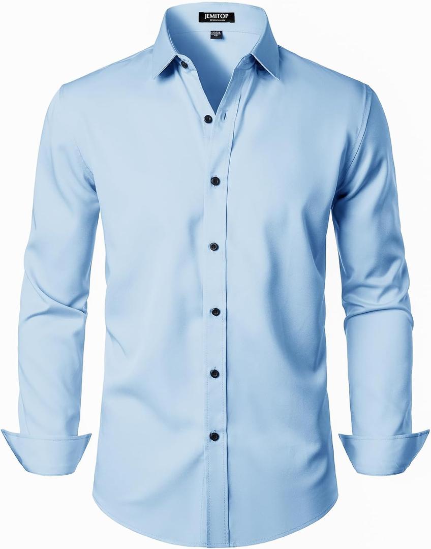 JEMITOP Men's Stretch Wrinkle Free Dress Shirt Formal Prom Wedding Long Sleeve Button Down Shirts (Blue, XL)
