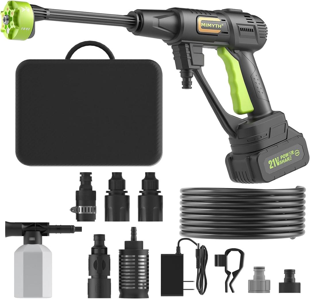 Cordless Portable Washer, Handheld Washer, Battery Operated Washer for Car Home Outdoor Patio Garden, Lightweight Car Washer, Washer with Foam Pot, Cleaner with 23FT Elastic Hose (PowerGreen)