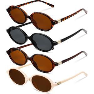 JATEBI 4 Pack Retro Rectangular Sunglasses for Women Men 90s y2k Small Retro Vintage Style UV Protection Sun Glasses (Black, Bean Curd Color, Tea Color, and Beige Oval Narrow Frame)