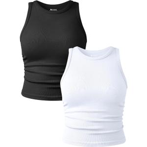 OQQ Women's 2 Piece Tank Tops Crew Neck Sleeveless Basic Stretch Casusal Yoga Crop Camis Black White, Large