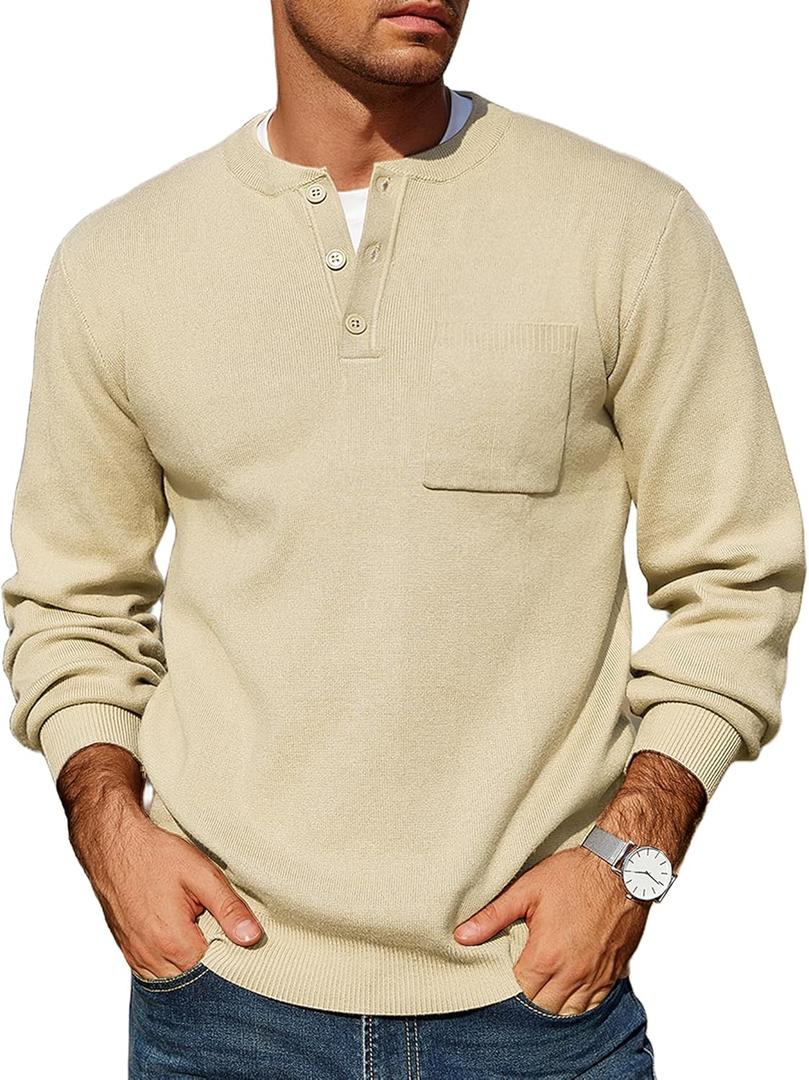COOFANDY Men's Henley Knit Sweater Long Sleeve Soft Pullover Shirt with Chest Pocket (Beige, M)