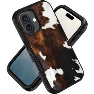Designed for iPhone 16 Case, Military Grade Heavy Duty 3-Layer Shockproof Drop Phone Protective Cover for iPhone 16 (2024) 6.1 inch, Brown Cow Print