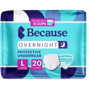 Because Overnight Absorbency Pull Ups - Adult Disposable Incontinence Underwear, Extra Absorbent Nighttime Briefs for Men and Women, White, Large, 20 Count