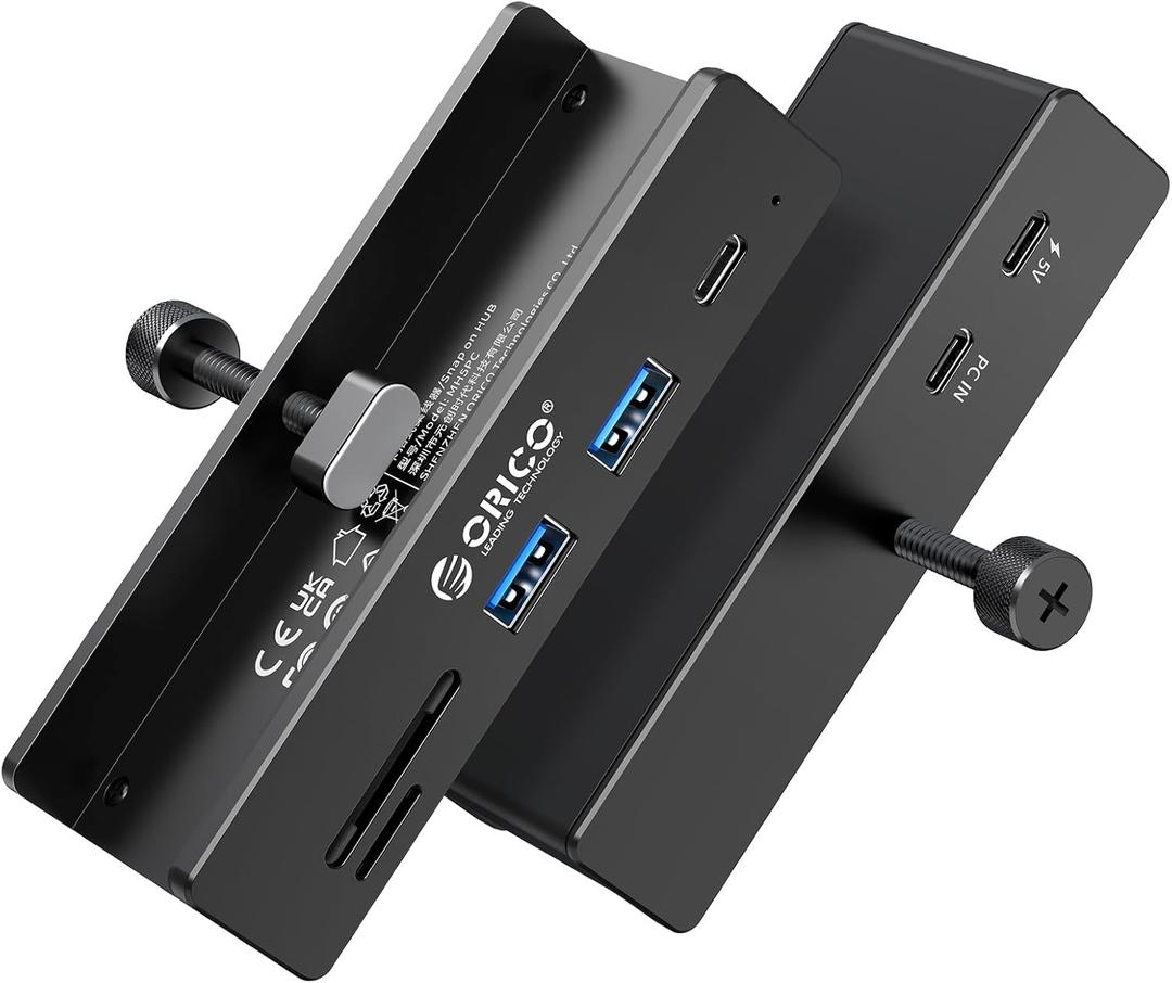 ORICO USB Hub 3.2, Clamp USB-Hub with Extra Power Supply Port, 10Gbps Aluminum 5-Port USB Extender with 2 USB-A 3.2 Ports, USB-C 3.2, SD/TF Card Reader 3.0, USB-3.2 Splitter for Monitor, Desk