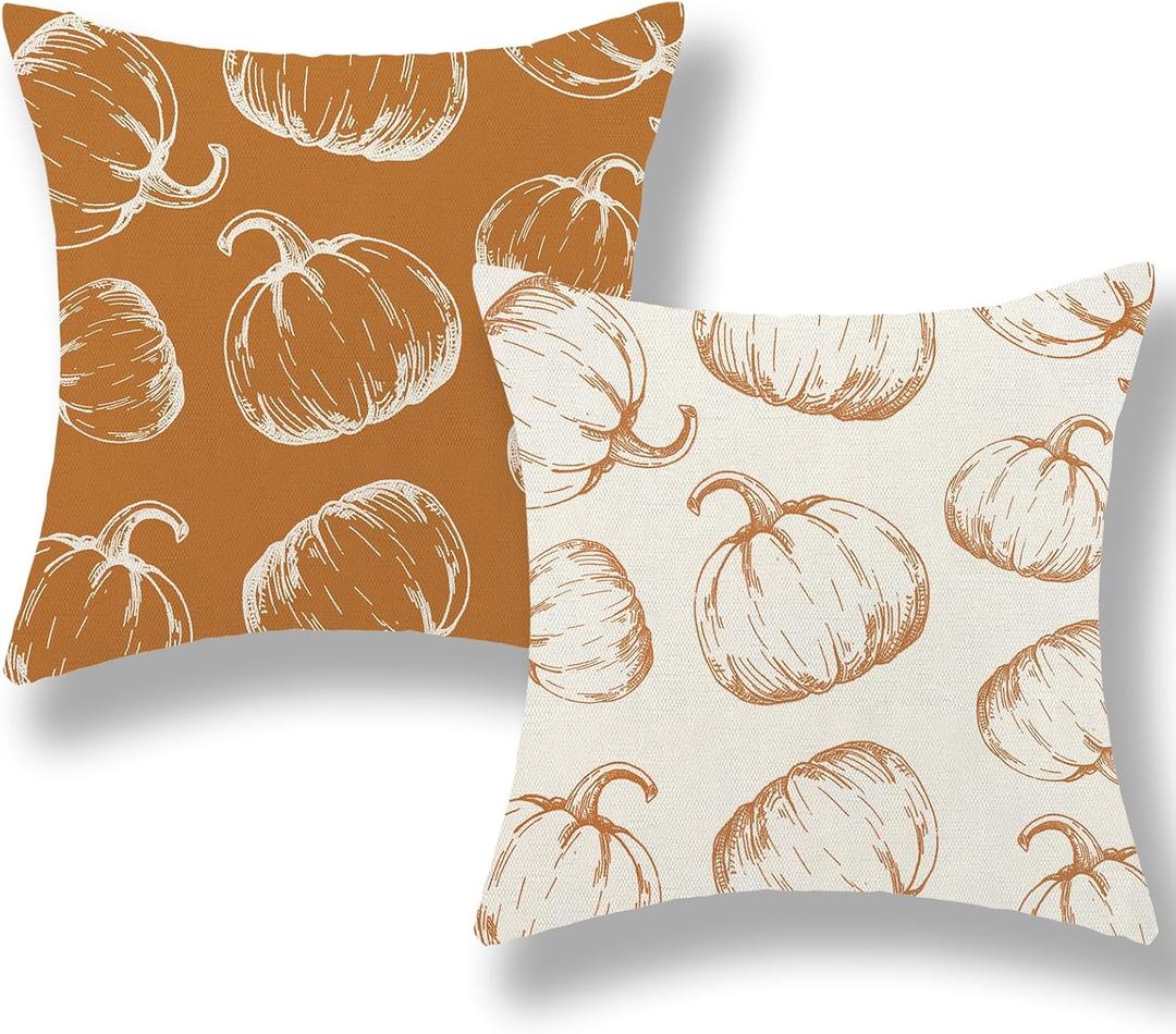 Fall Decor Pillow Covers 18x18 Set of 2 Autumn Orange Pumpkin Throw Pillow Covers Outdoor Thanksgiving Decorations Pumpkin Pillowcase Farmhouse Decorative Linen Cushion Covers for Sofa Couch