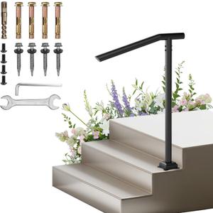 Handrail for Outdoor Step,1-3 Step Stair Railing-Heavy-Duty Metal Railings for Seniors-Powder Coated Single Post Handrail-Wrought Iron Railing for Concrete/Wood Porch/Deck/Indoor Outdoor Stair