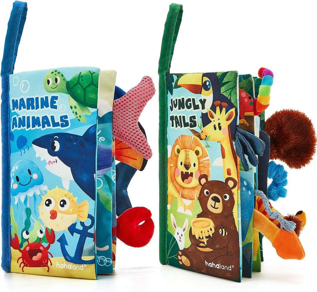 hahaland Baby Toys 0-6 Months - Crinkle Books for Babies 2-Pack, Soft Cloth Sensory Touch Feel Baby Book 6-12 Months Infant Montessori Toys 0-3 Month Newborn Baby Boys Gifts 3-6 Months Travel Toys, Large