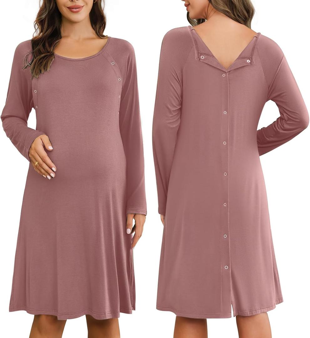 Ekouaer Women Maternity Nightgown Labor Delivery Nursing Gown Hospital Breastfeeding Dress Button Down Long Sleeve Sleepwear, Dusty Pink 2XL