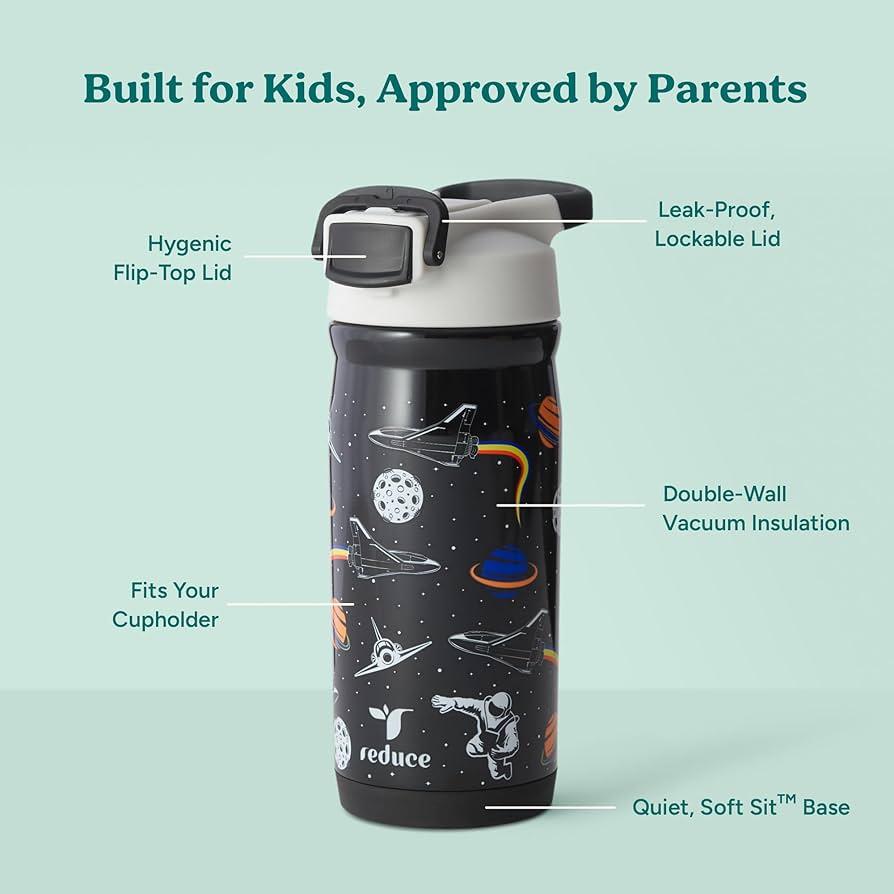 16 oz Stainless Steel Insulated Kids Water Bottle, Leak Proof Metal Thermal Flask with Straw lid, Cute Toddler Tumbler Cup for School Girls & Boys (Black, Space)
