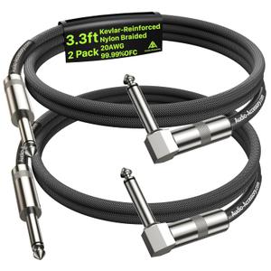 Right Angle Guitar Cable 3.3ft 2 Pack, Nylon Braided Anti-Kinking Kevlar-Reinforced, 20 AWG 99.99% OFC 1/4 Instrument Cable, AL & OFC Shielded Guitar Cord for Fender Electric Guitar (Black)