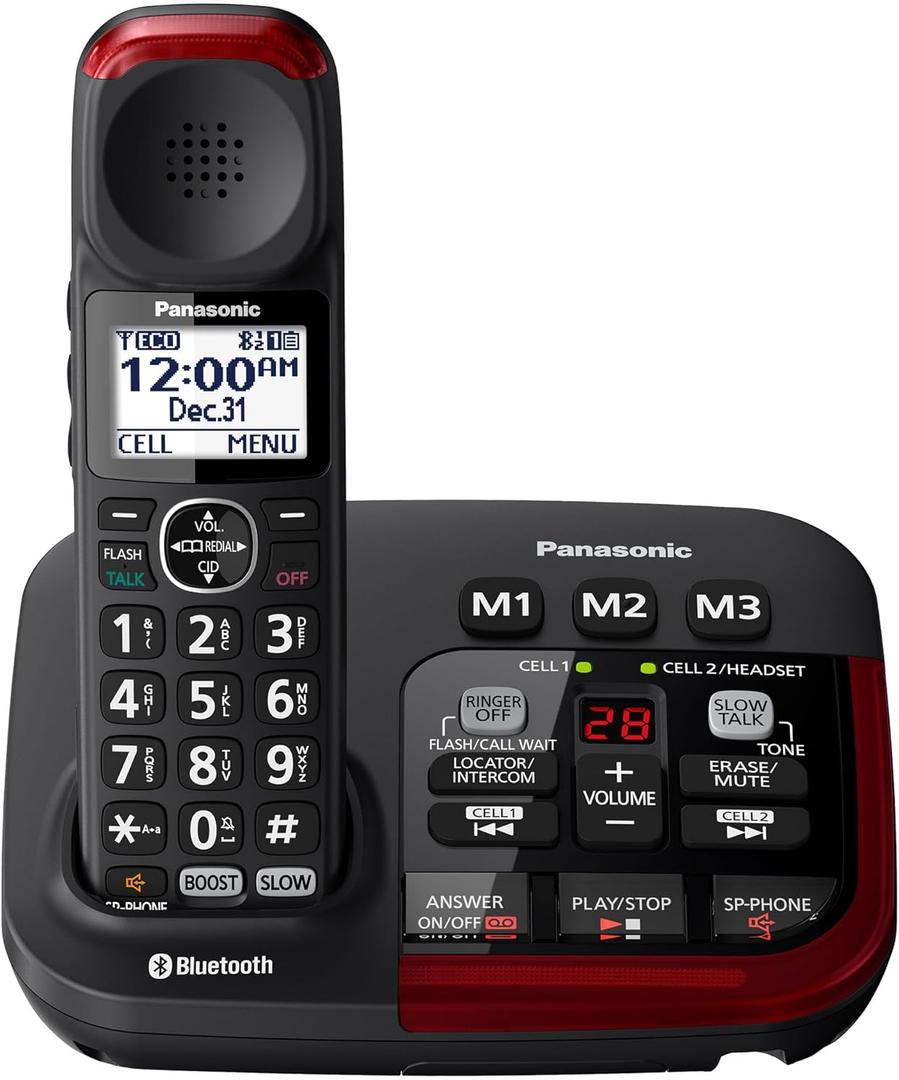 Panasonic 1 Handset Amplified Cordless Phone with Slow Talk, 40dB Volume Boost, 100dB Lound Visual Ringer, Hearing Aid Compatibility, Large Screen and Backlit Keypad, Link2Cell - KX-TGM430B (Black)