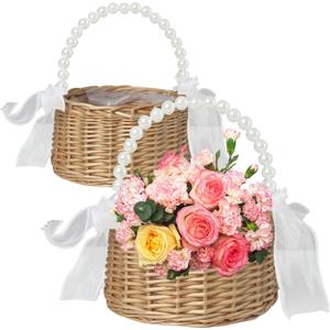 2 Pack Flower Girl Basket, Small Wicker Rattan Basket with Pearl Handle Ribbon Bow Plastic Liner, Decorative Flower Gift Basket for Wedding, Home Decor