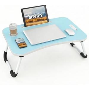 BUYIFY Folding Lap Desk, 23 Inch Portable Wood Blue Laptop Bed Desk Lap Desk with Cup Holder, for Working Reading Writing, Eating, Watching Movies for Bed Sofa Couch Floor- new005 Blue