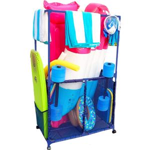 Essentially Yours Pool Equipment Holder with Towel Drying Bars, Mesh Rolling Pool Storage Organizer Bin, Extra Large with Towel Hanger, (34.5" W x 25" L x 62.6" H), Blue Style 418566