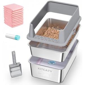 Stainless Steel Sifting Litter Box, for Pine Wood Pellet Cat Litter, XXL Metal Cat Litter Boxs with Lid, 23.6''X15.7''X14'' High-Sided Litter Box,Leak-Proof,Easy to Clean, with Scoop, Urine Pad, Liner
