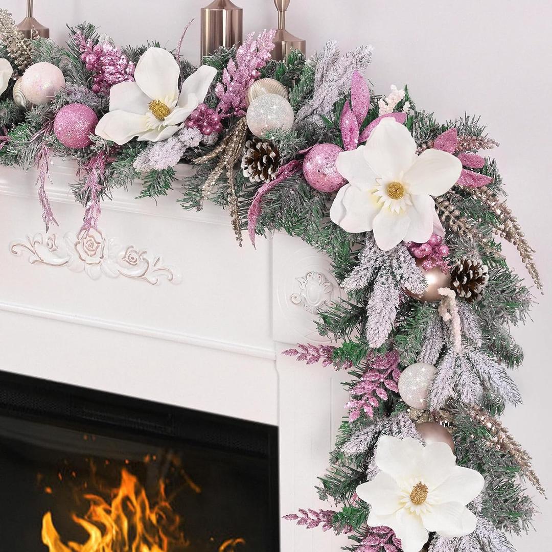 Christmas Garland with Lights - 6 Ft Christmas Garland for Mantle, Pink Christmas Decor Flocked Garlands with Magnolia Flower Balls & Pink Gold Leaves for Home Table Outdoor Indoor Xmas Decor