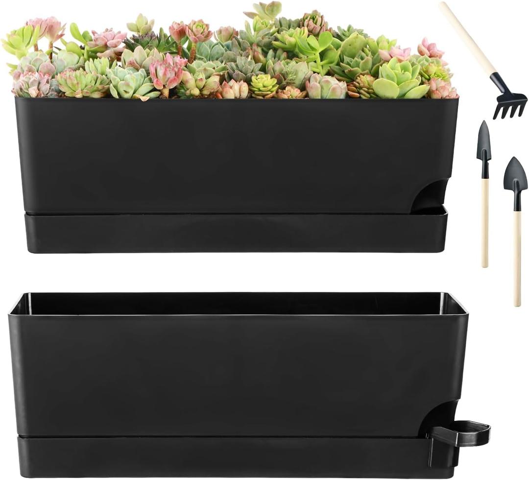 2 x Self Watering Pots for Indoor Plants 17 Inches Window Boxes Planters Rectangular Flower Pots Rectangle Herb Pots Large Plant Pots with Drainage Holes and Saucers Windowsill Planter (2, Black)