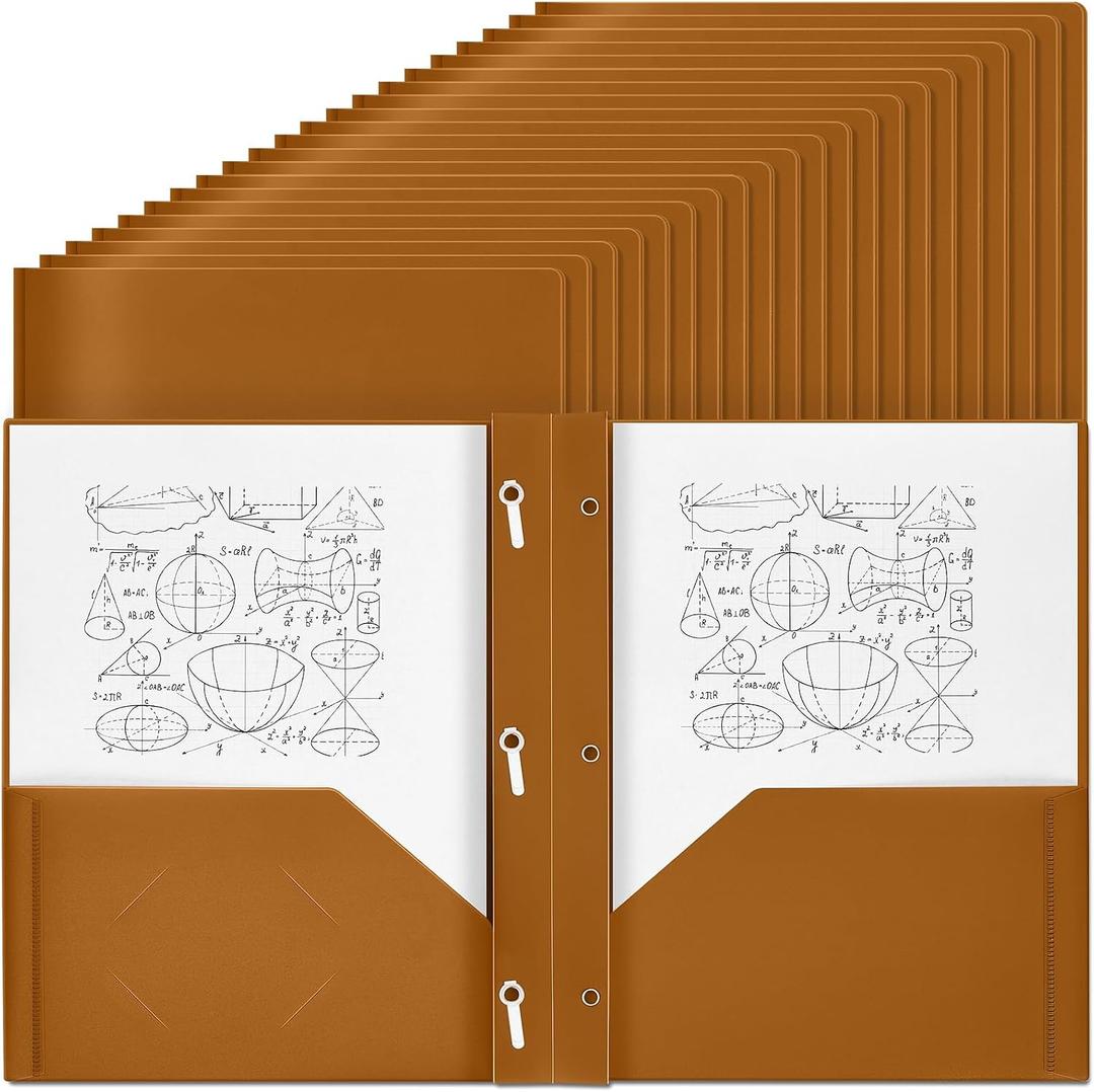 Yeaqee 60 Pcs Plastic Folders with Pockets and Prongs Plastic Folder 2 Pockets 3 Prongs with Business Card Slot Back to School Folders for Students, Teachers, Office Workers (Brown)