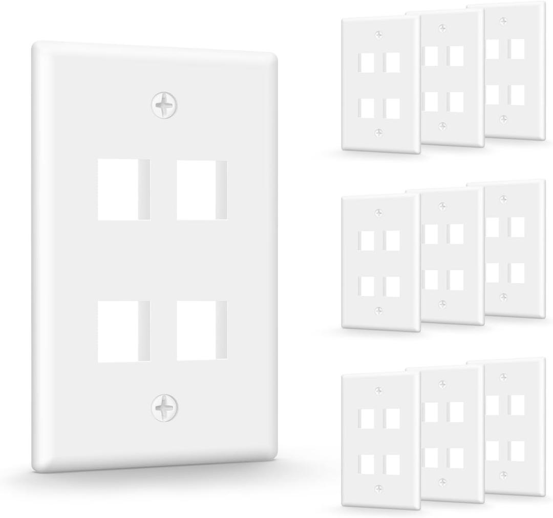 VCE 4 Port Keystone Wall Plate UL Listed (10-Pack), Single Gang Wall Plates for RJ45 Keystone Jack and Modular Inserts, White