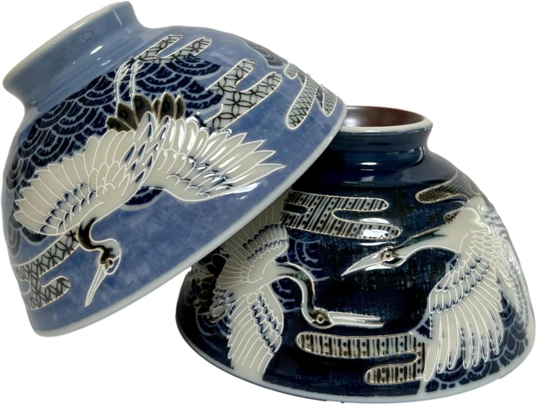 Japanese Mino Ware Ceramic Rice Bowl Set, Cranes Pattern, 4.9 Inches Diameter x H2.6 Inches, 13.5 Fluid Ounces Blue and Navy, Set of 2 from Japan(Cranes BL NVY)