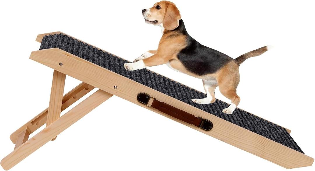 Foldable Wooden Dog Ramp Pet Stairs,Wooden Dog Step with Built-in Handle, 4 Adjustable Height from 9.8" to 18.1",Wood Portable Ramp for Bed,Couch, Car