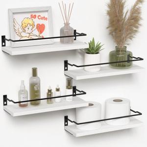 RICHER HOUSE White Bathroom Floating Wall Shelf Set of 4, Small Organizer Over Toilet Storage, GuardRail Kitchen Shelves  White