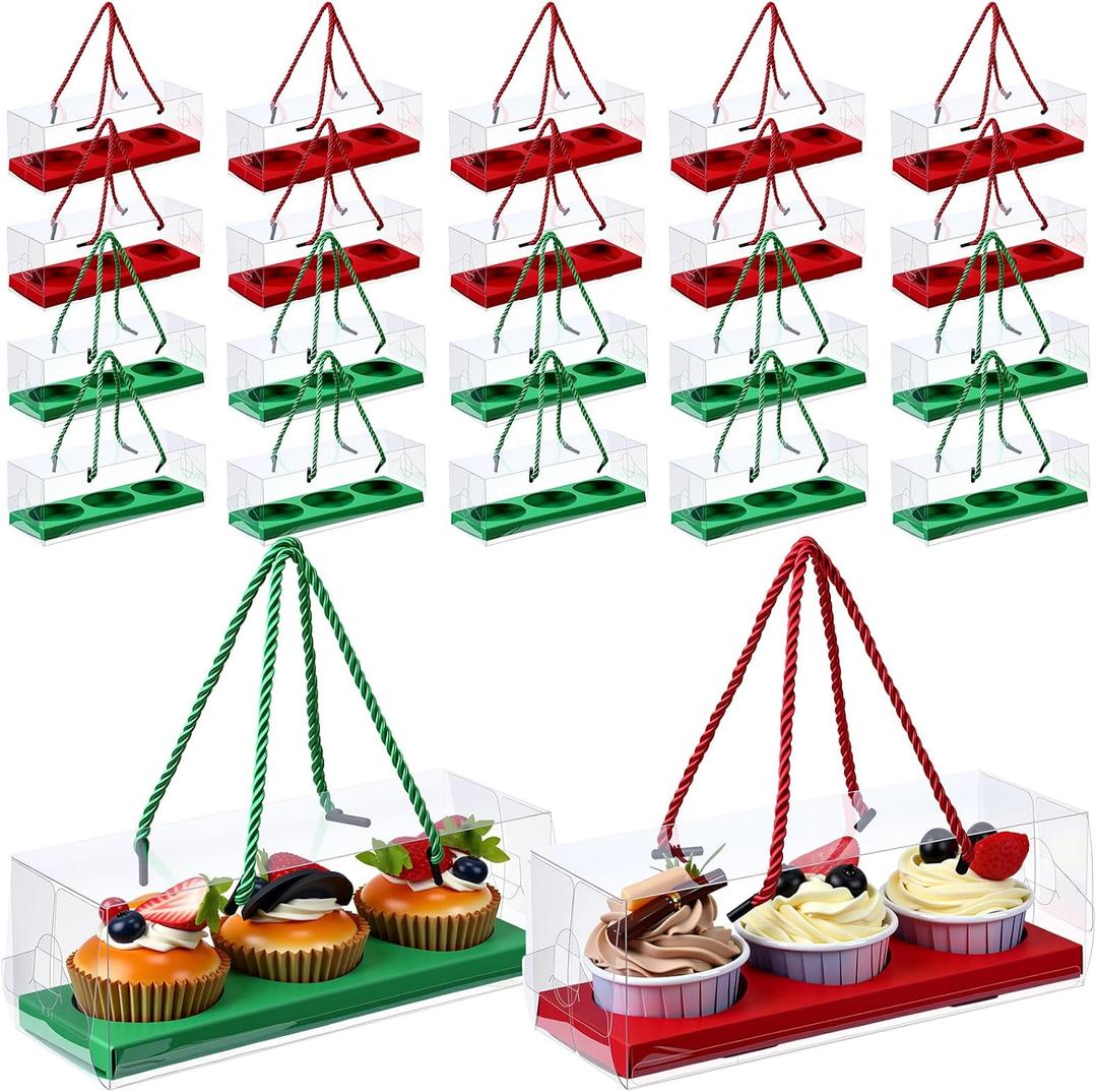 Thenshop Valentine's Day 20 Pcs 9 x 3 x 3 Inch Clear Cupcake Boxes with Handle and Insert Portable Pastry Packaging for Cupcakes Carrier Muffin Bakery Take out Containers Wedding Party(Red and Green)