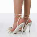 YIYA Women's Pointed Toe Clear Heels Sandals with Strappy Pearls Ankle Strap Sexy Rhinestone Bow Heels Stiletto High Heel Wedding Party Pumps Shoes
