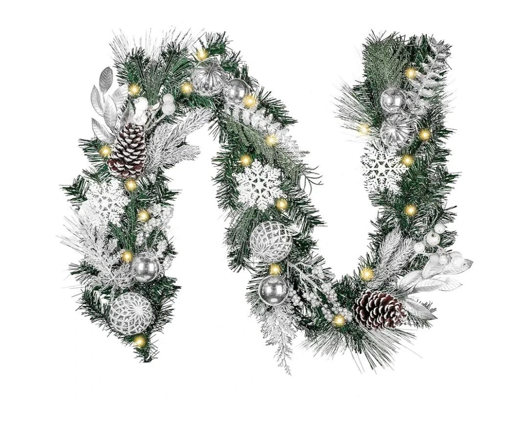 Valery Madelyn 6 feet Pre-Lit Christmas Garland with Lights for Mantle, Lighted Battery Operated Xmas Garland with Silver White Balls Snowflake for Front Door Fireplace Table Centerpiece Outdoor Decor