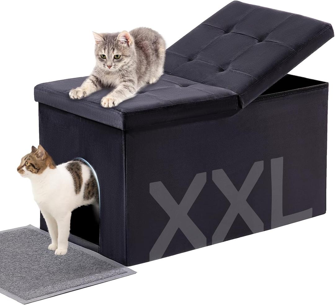 MEEXPAWS Cat Litter Box Enclosure Furniture Hidden Extra Large, Lift Design Lid Velvet Cat Washroom Bench Storage Cabinet | 35.4x19.7x19.7 in | Dog Proof|Urine Proof Inside|Quick Assembly| Easy Clean (Black)