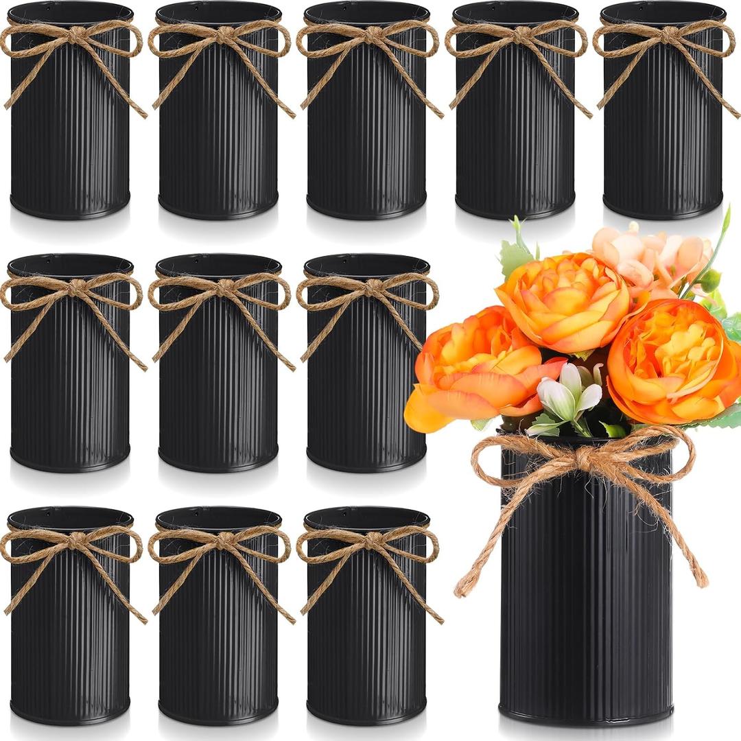 Rustic Vase for Table Centerpieces 4.33 Inch Small Petite Flower Vase with Twine Bow Vintage Farmhouse Decor for Wedding Reception Dining, Home Galvanized Metal Buckets(Black,12 Pcs)