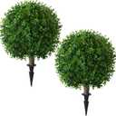 Artificial Eucalyptus Topiary Ball Trees for Outdoor Set of 2 Fake Plant Bushes with Ground Spike UV Resistant Faux Shrubs for Garden Front Porch, Green