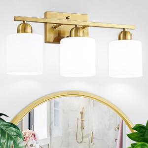 3 Light Gold Bathroom Light Fixtures, Modern Bathroom Vanity Lights with Milky White Frosted Glass Shades, Gold Vanity Mirror with Lights for Mirror Living Room E26 Base