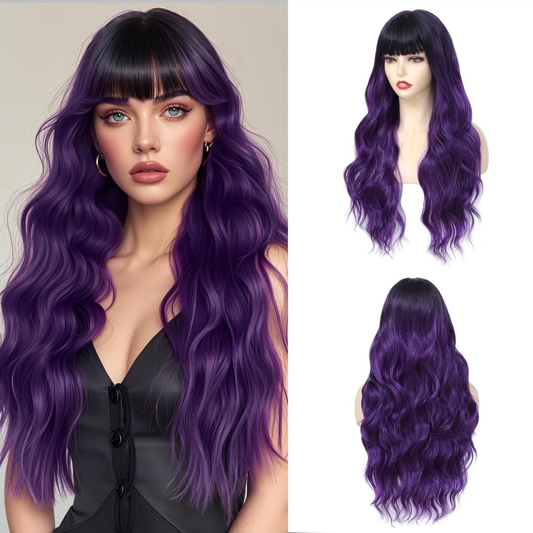 Long Purple Wavy Wig With Bangs for Women 26 Inch Curly Wavy Wig With Bangs Natural Looking Synthetic Heat Resistant Fiber Wig for Daily Party Use