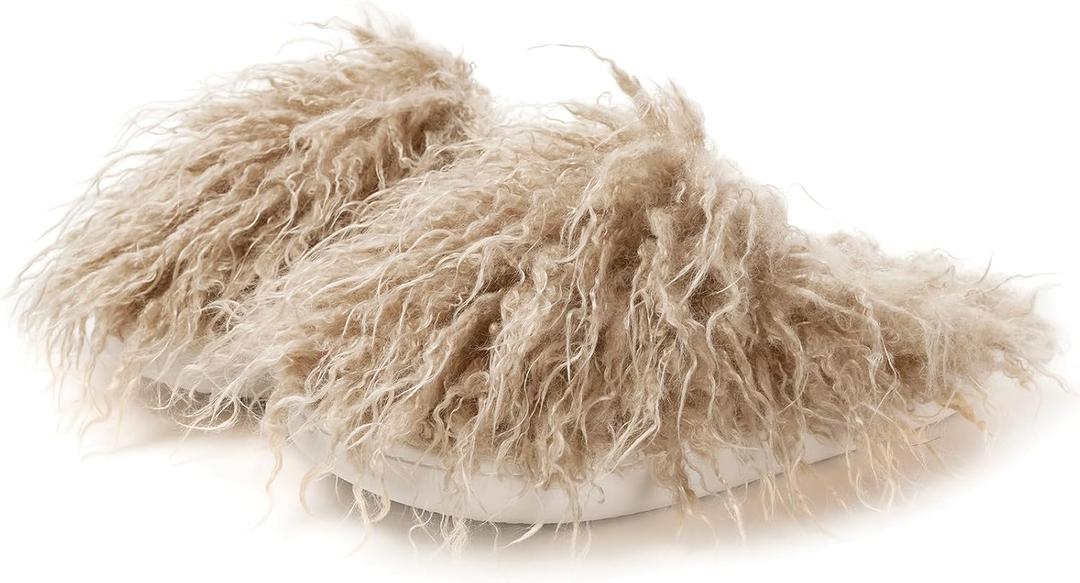 2 x Fuzzy Plush Women's House Slipper Cozy Non-slip Bedroom Slipper for Women Furry Indoor Outdoor House Shoes (8-9, Khaki)