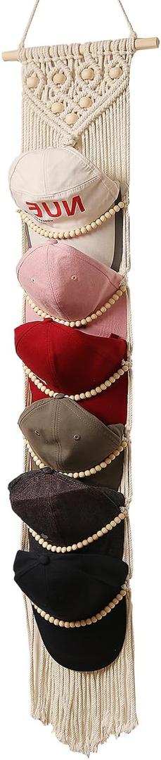 Ball Cap Hanger-1 Pack-Boho Macrame Cap Holder Wall Hat Organizer for Baseball Cap Holder Over Door, Hat Rack for Wall, Cap Rack for Decoration and Display (Beige)