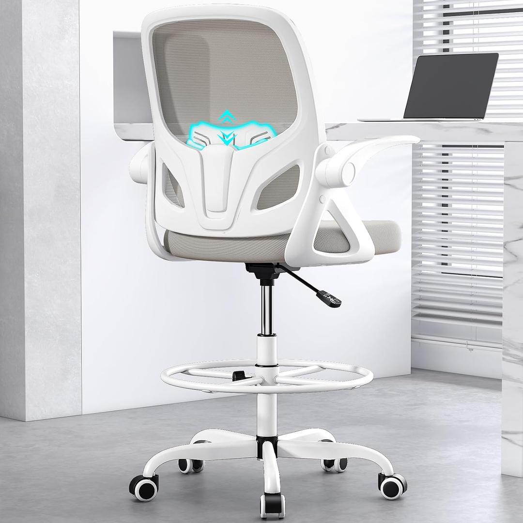 Tall Drafting Chair with Footrest Ring for Home and Work, Ergonomic Home Desk Office Chair with Flip up Arms and Lumbar Support, Extended Height Executive Desk Office Chair (Gray) 