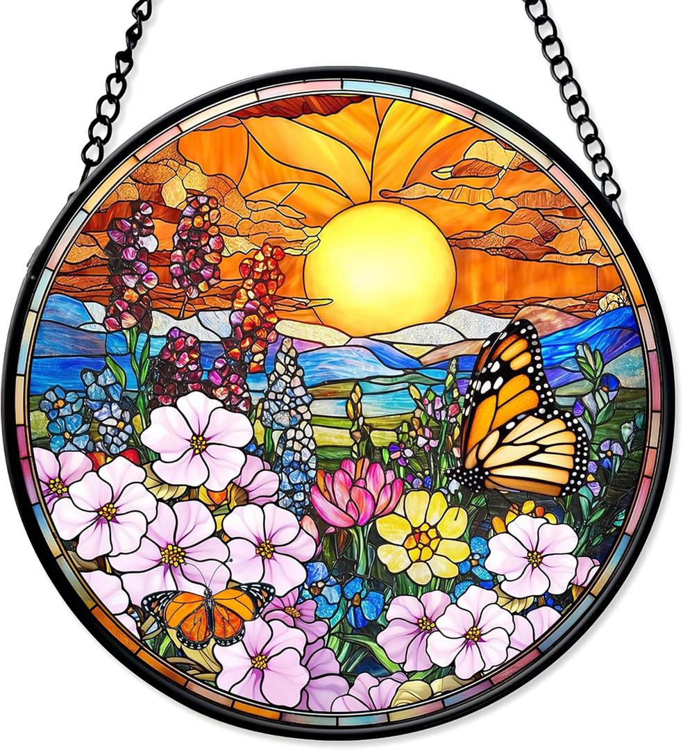 Stained Glass Window Hanging 7.8'' Wildflower Suncatchers Sunset Landscape Suncatcher Floral Stained Glass Ornaments Home Decor Mother's Day Plant Lover Gifts for Women Mom Nana Wife Couples