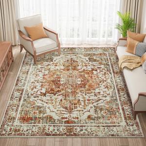 Topllen Washable Area Rug - 4'x6' Boho Living Room Rug, Non-Slip Soft Rugs Indoor for Bedroom Dining Room Office, Vintage Throw Carpet Stain Resistance (Khaki, 4x6ft)
