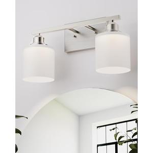 Sailstar Bathroom Light Fixtures 2-Light, Brushed Nickel Vanity Lights Fixtures, Modern Bathroom Vanity Light Over Mirror, Milky White Glass Shade & Anti-Rust Nickel Finished, Small Bathroom Light