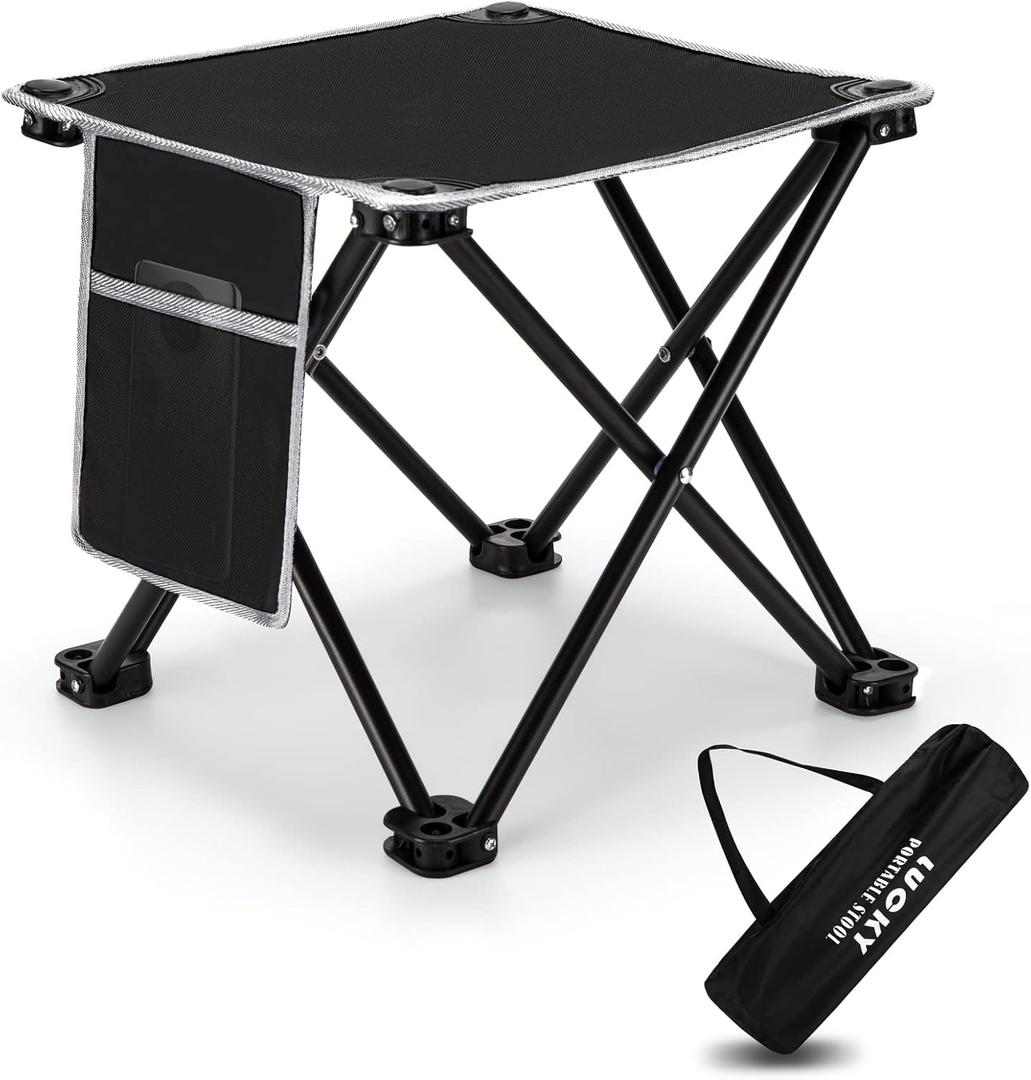 Portable Camping Stool with Side Pocket Camping Seat 12.5in Foldable Comfortable Widening Heightening for Travel Camping Fishing Hiking Gardening Picnic Beach BBQ Outdoor (Black Folding Stool)