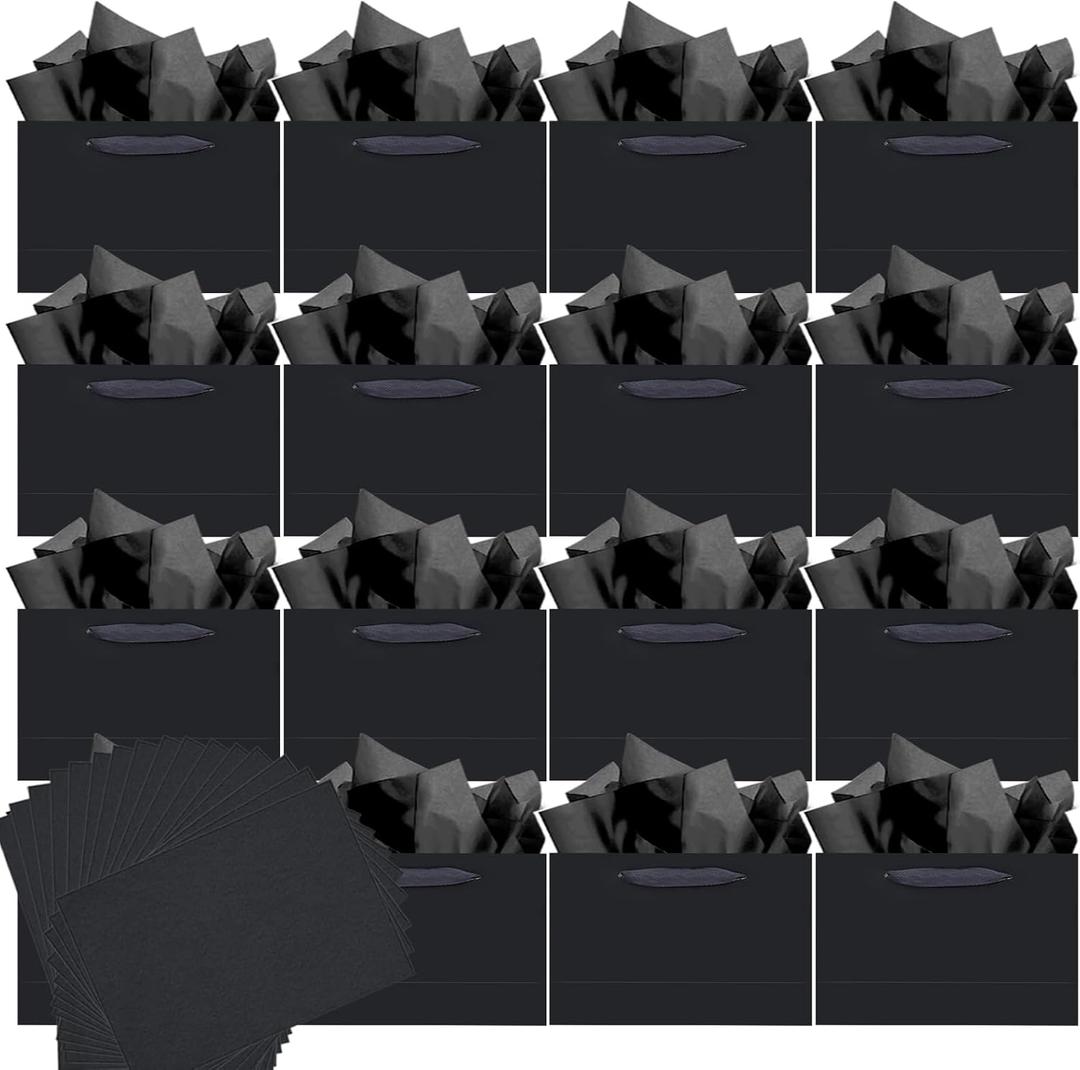 Qiqee Deep Black Gift Wide Bags with Tissue Paper for Wedding, Birthday, Party Supplies-7.9"x4.3"x9.6" Small Size Cardboard Gift Bags 48pcs Bags +Tissue Paper 